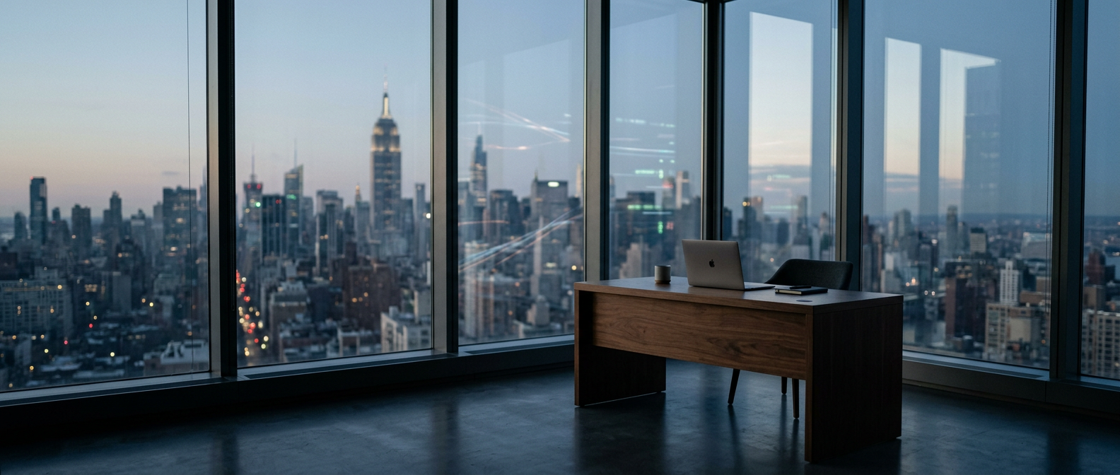 A Manhattan office at dusk, a desk facing the skyline